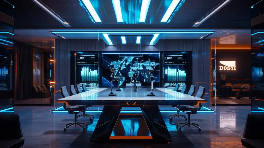 a sleek, modern office space features a high-tech conference table, where two glass displays illuminate the differences between delta 10 thc and delta 8 thc with vibrant infographics, surrounded by sharp, contemporary furnishings that evoke a sense of innovation and focus.