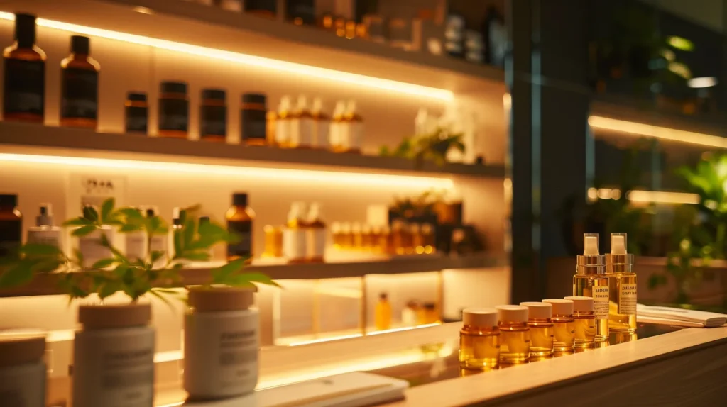 a sleek, modern wellness studio showcases calm, ambient lighting with a minimalist setup featuring elegantly designed glass vials labeled delta 10 and delta 8, symbolizing the therapeutic benefits of these cannabinoids in a tranquil indoor space.