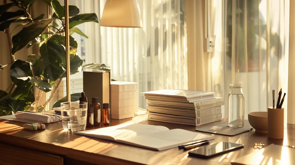 a calming, modern office space showcases a sleek desk with carefully stacked delta 10 thc products, a clear glass of water nearby, and an open notebook for notes on dosage and safety, all under soft, warm lighting to evoke a sense of wellness and mindfulness.