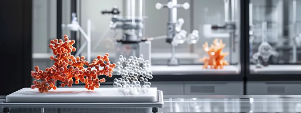a close-up, high-resolution image of molecular models representing the distinct structures of hhc and thc, set against a sleek, modern laboratory backdrop with precision instruments, showcasing the complexity of their chemical makeup.