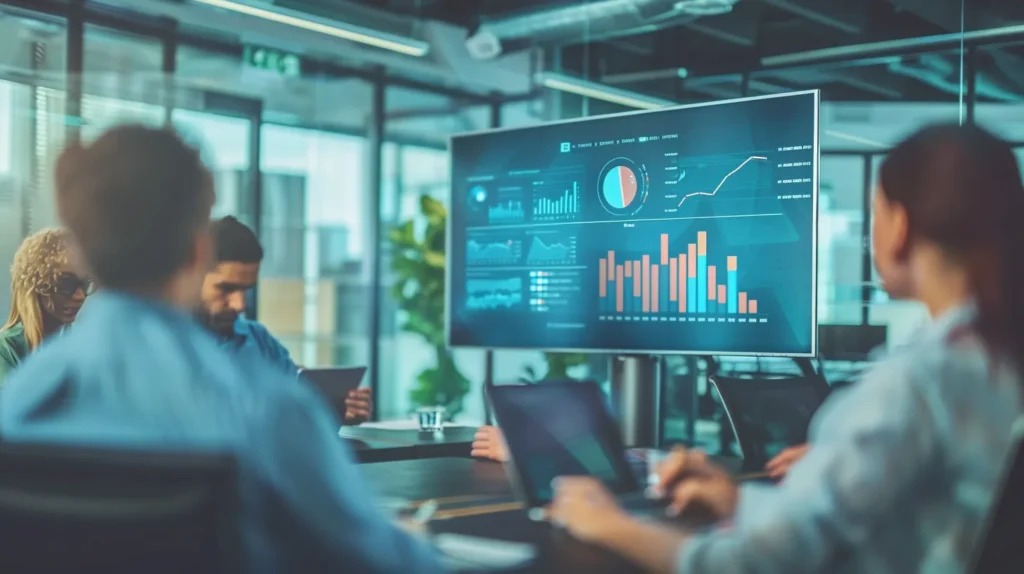 a contemporary office setting features a sleek conference room with a prominent presentation screen displaying a colorful, informative chart contrasting delta 8 and delta 10 thc legality, surrounded by engaged professionals discussing market regulations and legislative changes.
