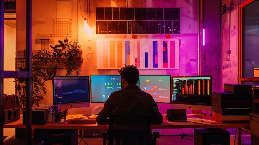 a dimly lit urban office space features an individual seated at a modern desk, surrounded by colorful charts and screens displaying analytical graphs, as subtle expressions of anxiety and contemplation hint at the complex effects of delta 10 thc on mental clarity and coordination.