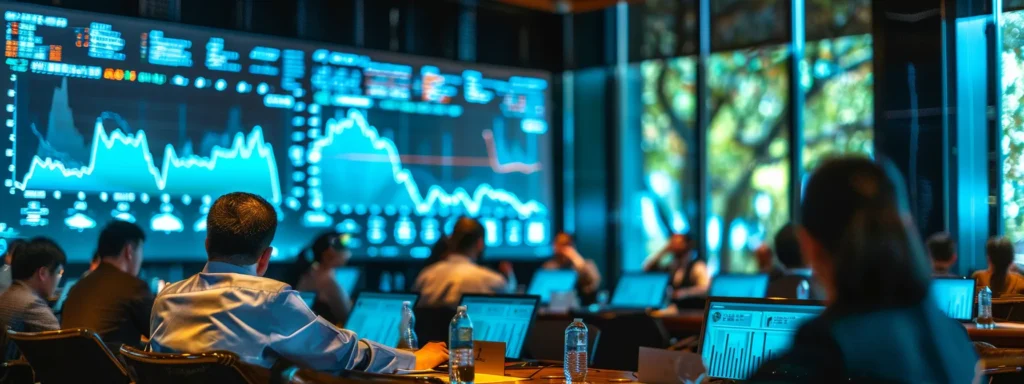 a dynamic urban conference room filled with focused professionals engaged in a discussion about evolving hemp legislation, highlighted by a large digital screen displaying graphs and data on hhc market trends.
