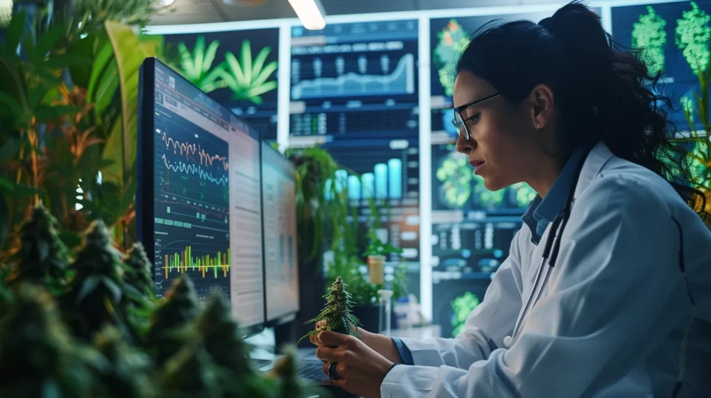 a focused office setting features a medical professional surrounded by informative charts and graphs on cannabis effects, emphasizing the analysis of delta 10 thc's adversities with a serious tone.