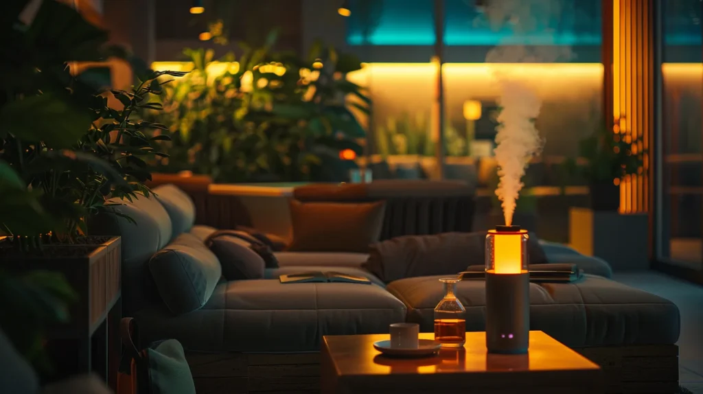 a modern, dimly-lit lounge with plush seating and soothing, ambient lighting, where a person relaxes with a vaporizer and a glass of herbal tea, embodying the calming effects of delta 8 thc as they unwind in a tranquil atmosphere.