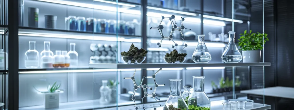 a modern laboratory setting showcases a sleek glass display filled with scientific models representing the molecular structures of hhc, cbd, and thc, illuminated by cool white light to emphasize the intricate details and their interaction pathways within the body.