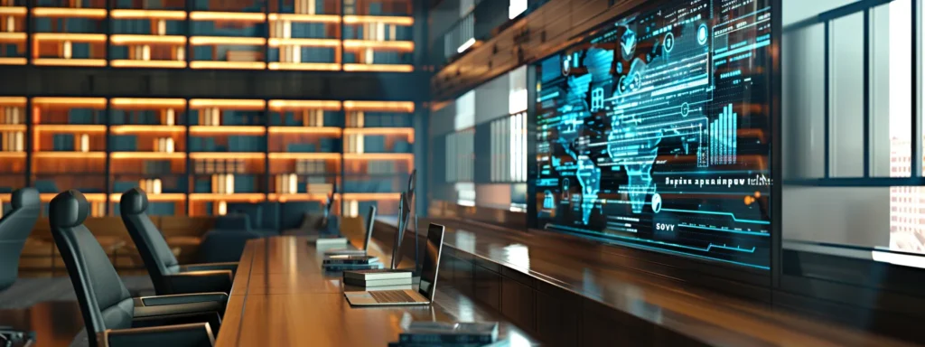 a modern law office with sleek furnishings, illuminated by cool led lighting, showcasing a large digital screen displaying a vibrant infographic on the legal distinctions and state variations of hhc and thc.