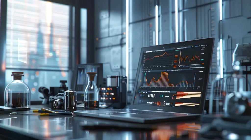 a modern office space features a sleek desk with an open laptop displaying analytics graphs on delta 10 thc effects, surrounded by glass jars of different delta 10 products, symbolizing the intricate variables influencing user experiences.