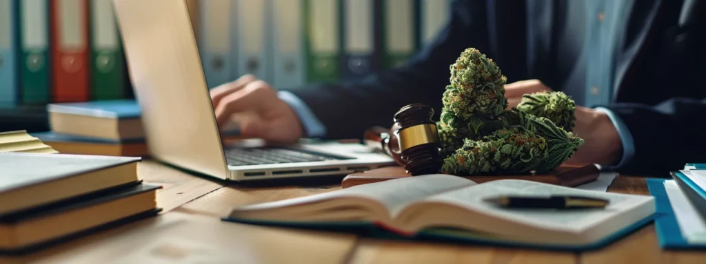 a modern office workspace features a focused individual examining a state legislature website on a sleek laptop, surrounded by documents and legal books, conveying the meticulous process of confirming the legal standing of hexahydrocannabinol (hhc).