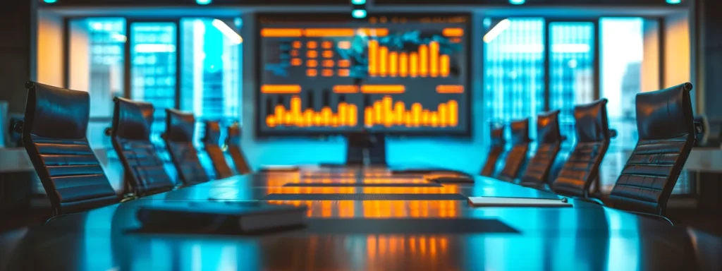 a modern, sleek office conference room is highlighted, featuring a large table surrounded by sophisticated chairs, with a central screen displaying a cautionary infographic about the risks and downsides of hhc usage, illuminated by focused overhead lighting that emphasizes the serious tone of the discussion.