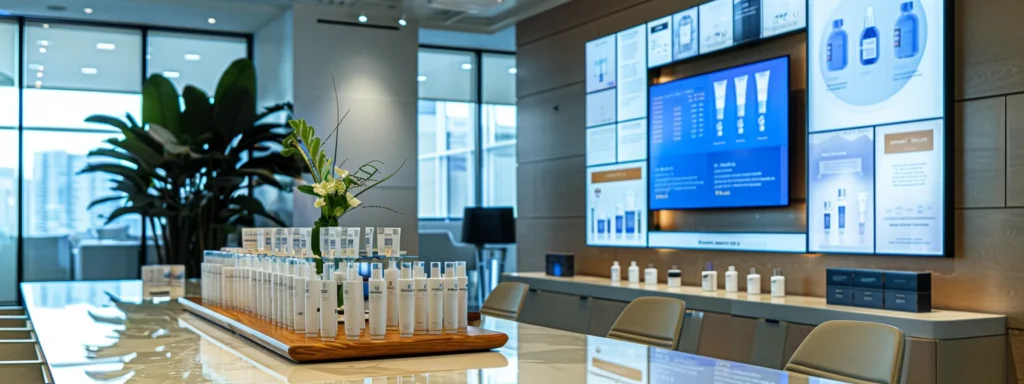 a modern, sleek office space showcases a stylish display of hhc products arranged on a polished conference table, with a digital screen in the background featuring infographics on consumption methods and wellness practices, illuminated by soft, ambient lighting to create an inviting atmosphere for optimizing the hhc experience.