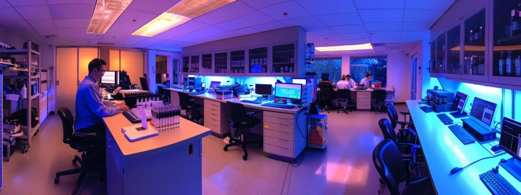 a modern, sophisticated laboratory setting with sleek equipment and focused researchers analyzing cannabinoid samples, emphasizing the distinct effects and therapeutic potentials of hhc compared to thc and cbd.