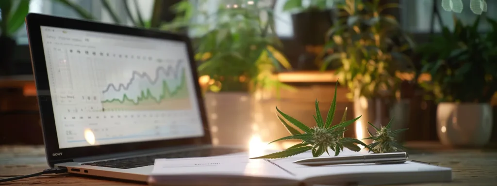 a modern, well-lit office space features a sleek desk with a journal and a stylish pen, illustrating the concept of tracking hhc dosages, while a digital screen displays a chart that visually represents the relationship between body weight, metabolism, and cannabinoid tolerance.
