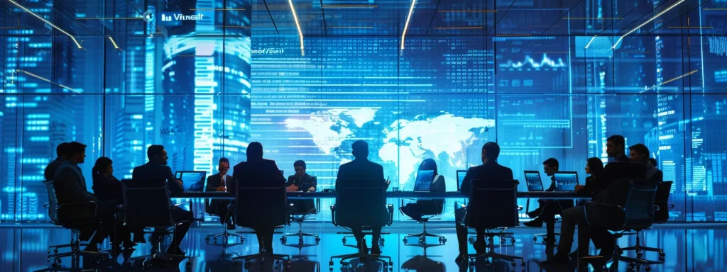a sleek, modern conference room featuring a large digital display showcasing a vibrant infographic comparing hhc, cbd, and thc, with professionals engaged in a focused discussion around a polished glass table.