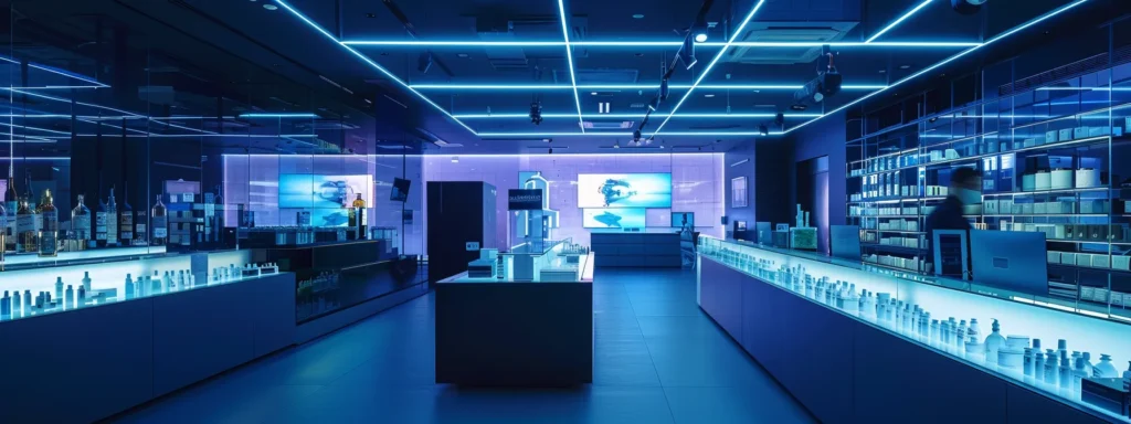 a sleek, modern laboratory filled with high-tech equipment and glass containers showcasing vibrant samples of hhc, cbd, and thc, illuminated by sharp, clinical lighting that emphasizes the contrasting reactions of chemical structures on digital screens.