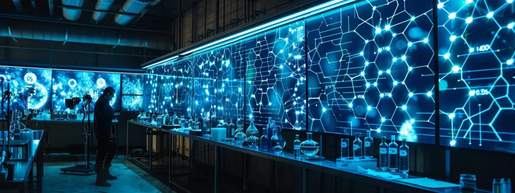 a sleek, modern laboratory filled with glass vials and advanced equipment showcases a close-up of molecular structures representing hhc, cbd, and thc on a digital screen, illuminated by cool blue lighting that emphasizes their distinct compositions.