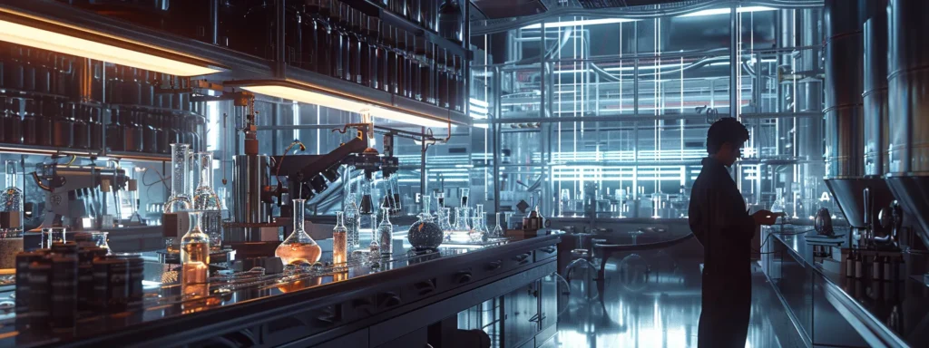 a sleek, modern laboratory filled with advanced equipment and glass vials showcases a focused chemist analyzing hhc and delta-8 thc structures on a high-tech digital display, illustrating the intricate science behind cannabinoid production and their unique properties.