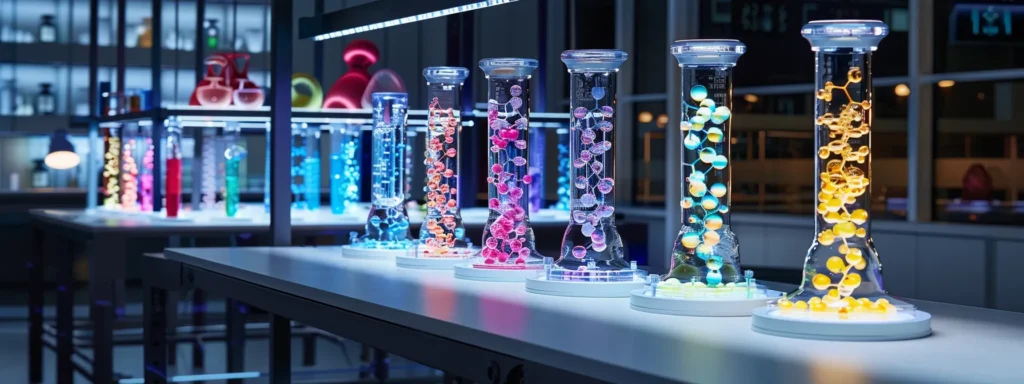 a sleek, modern laboratory setting showcasing clear glass vials filled with colorful compounds, with intricately labeled molecular structures of hhc and thc illuminated under sharp, focused lighting to emphasize their chemical differences and scientific significance.