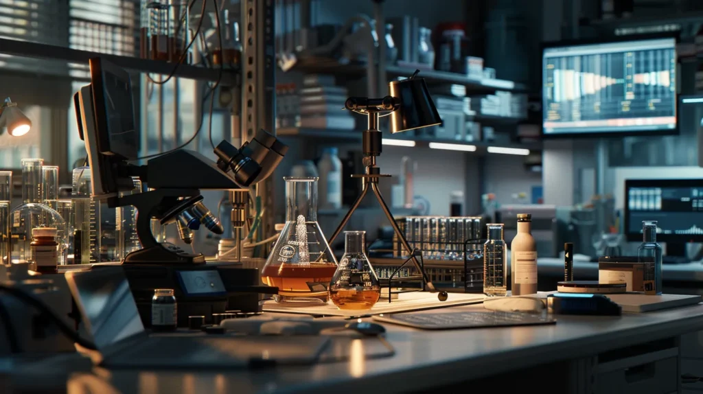 a sleek, modern laboratory setting featuring a meticulously organized workspace with beakers and scientific instruments, emphasizing the comparative analysis of delta 10 and delta 9 thc potency through visual data displays and charts.