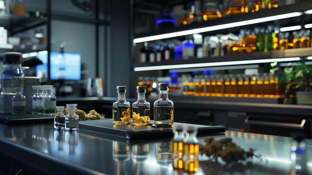 a sleek, modern laboratory setting showcases a researcher analyzing two distinct glass vials labeled delta 10 thc and delta 8 thc, illuminated by bright, focused overhead lights that highlight the separation and clarity of the cannabinoids while emphasizing their scientific significance.