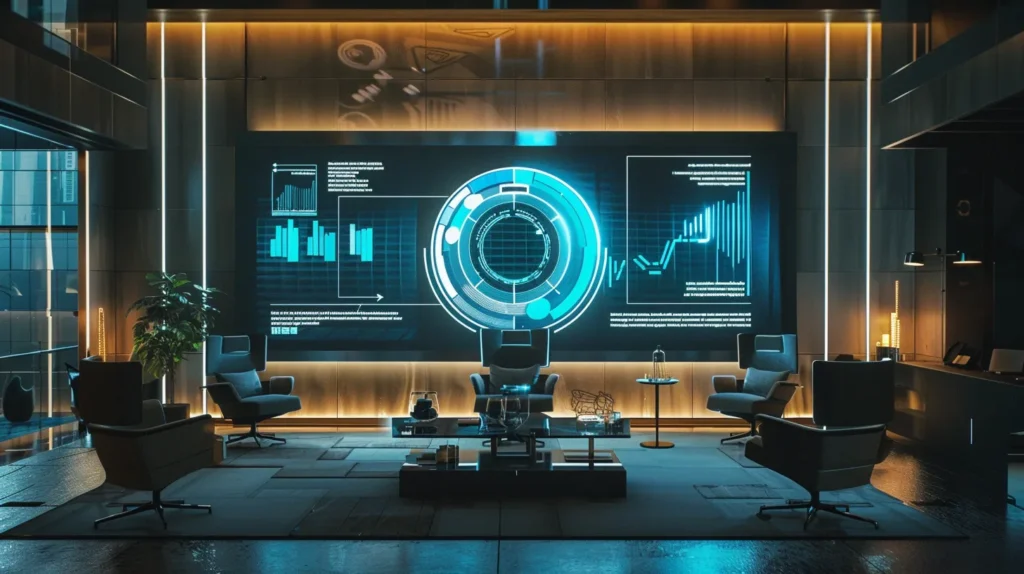 a sleek modern office conference room with a large screen displaying a digital infographic on delta 10 health risks, surrounded by stylish furniture and ambient lighting that emphasizes a serious and informative atmosphere.