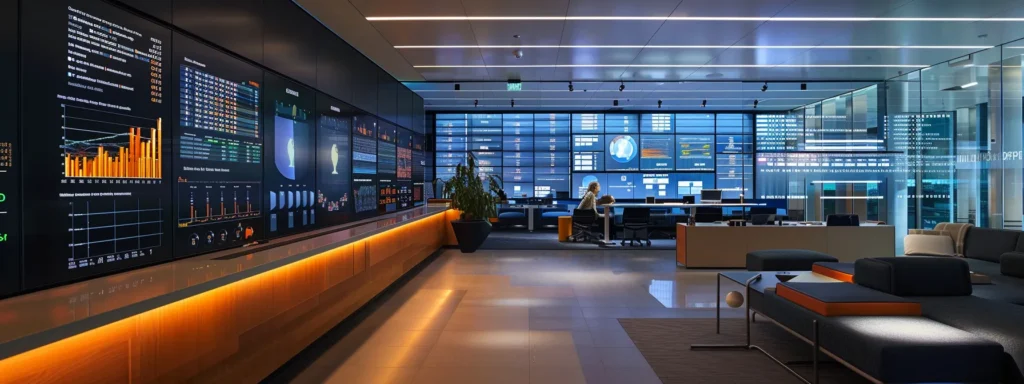 a sleek, modern office environment with a large digital display featuring contrasting charts on hhc and delta-8 thc legality, illuminated by bright overhead lights, encapsulating the complexity of evolving cannabinoid regulations.