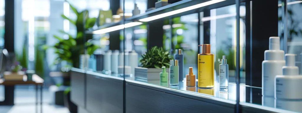 a sleek, modern office environment showcases a clear glass display of hhc products, with bright spotlights illuminating their vibrant packaging, emphasizing innovation and the potential benefits they offer.