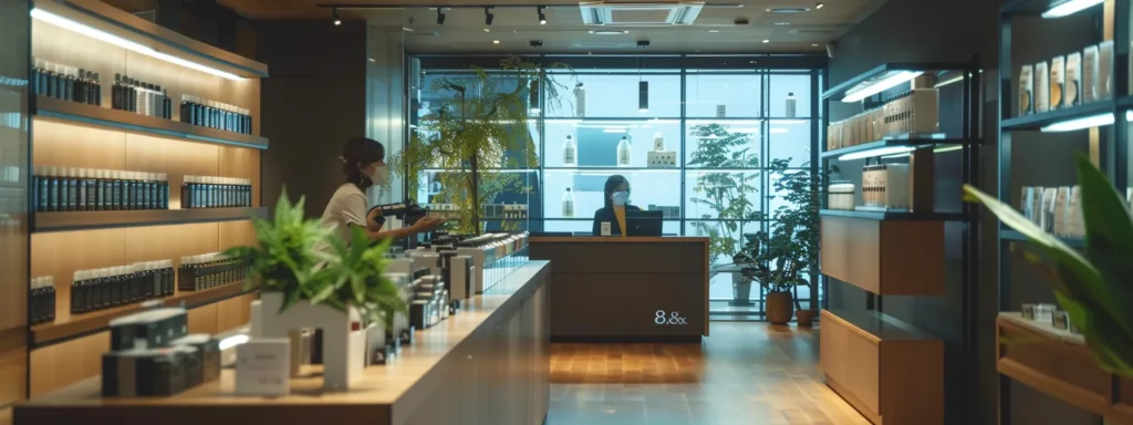 a sleek, modern office filled with sophisticated product displays of various cannabinoid products, illuminated by soft, ambient lighting, while a consultant engages with a client at a polished conference table, emphasizing the process of selecting the right cannabinoid for personal wellness.