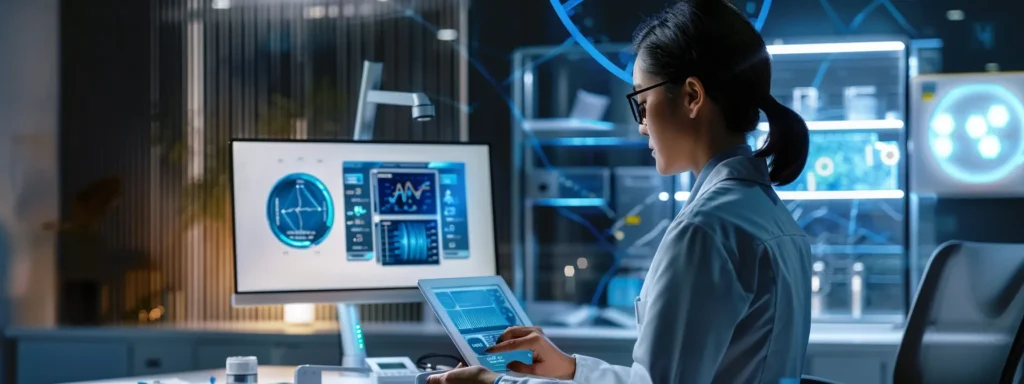 a sleek, modern office setting features a professional analyzing two distinct charts on a digital tablet, one illustrating the benefits of hhc for stress management and mood enhancement, and the other highlighting delta-8 thc’s impact on appetite and metabolism, all under bright, focused lighting that emphasizes clarity and precision.