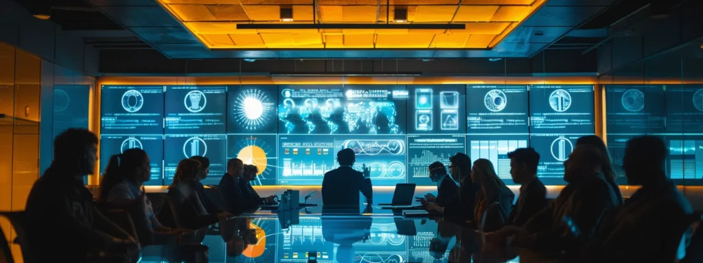 a sleek, modern office setting features a large digital screen displaying vibrant infographics about the legal status and differences of hhc versus delta-9 thc, while a group of diverse professionals engages in a focused discussion around a polished conference table, dimly lit with contemporary overhead lighting to emphasize their expressions and the data presented.
