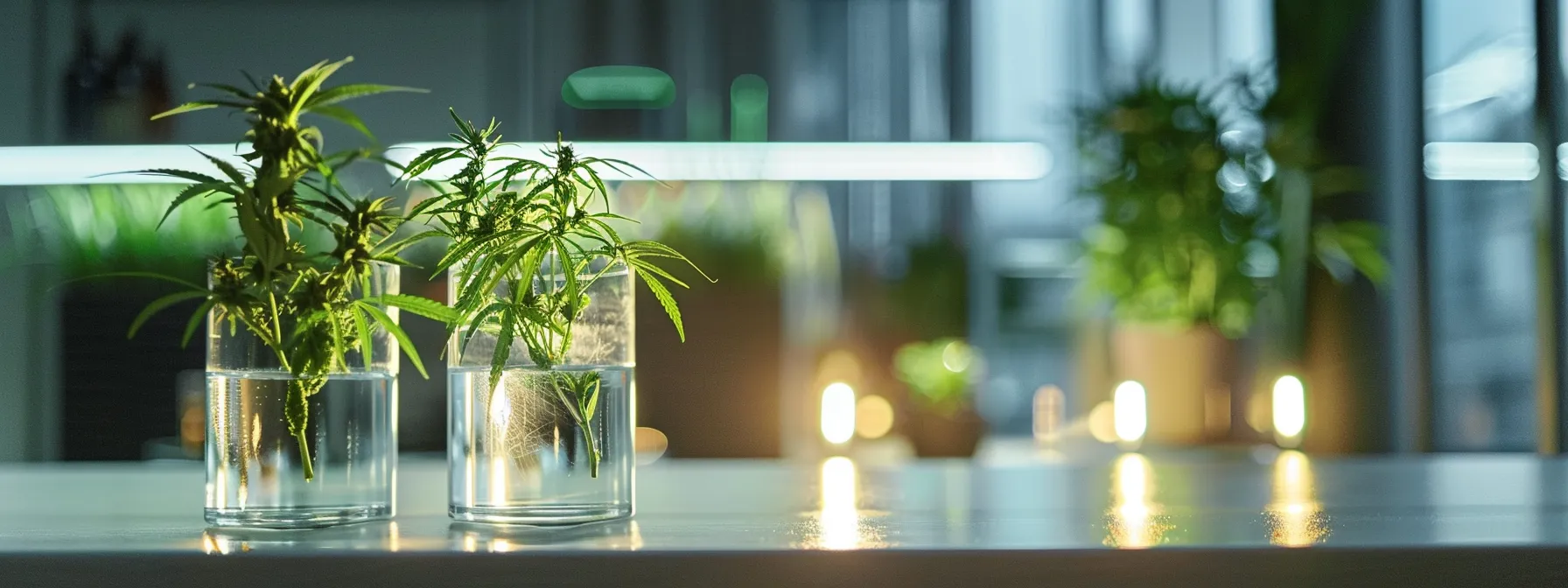 a sleek, modern office setting features two clear, labeled glass containers: one filled with vibrant green thc-rich plant material and the other with a strikingly different hhc product, both illuminated under sharp, directional lighting to emphasize their distinct characteristics.