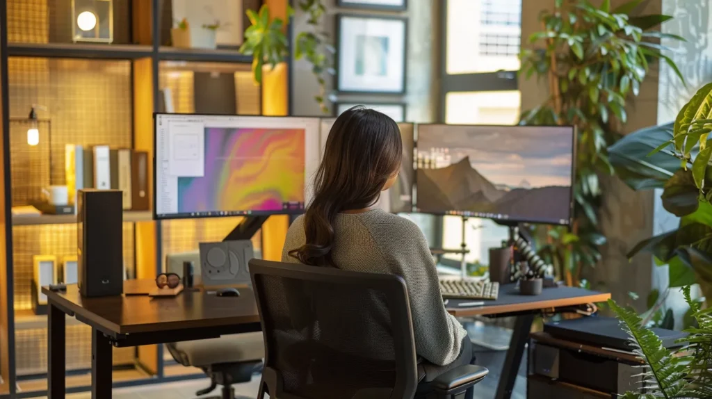 a sleek, modern office setting features two distinct workstations, one vibrant and energizing with bright colors symbolizing delta 10's uplifting effects, and the other calm and soothing in cool tones representing delta 8's relaxing qualities, creating a visual contrast that highlights the decision-making process between the two cannabinoids.