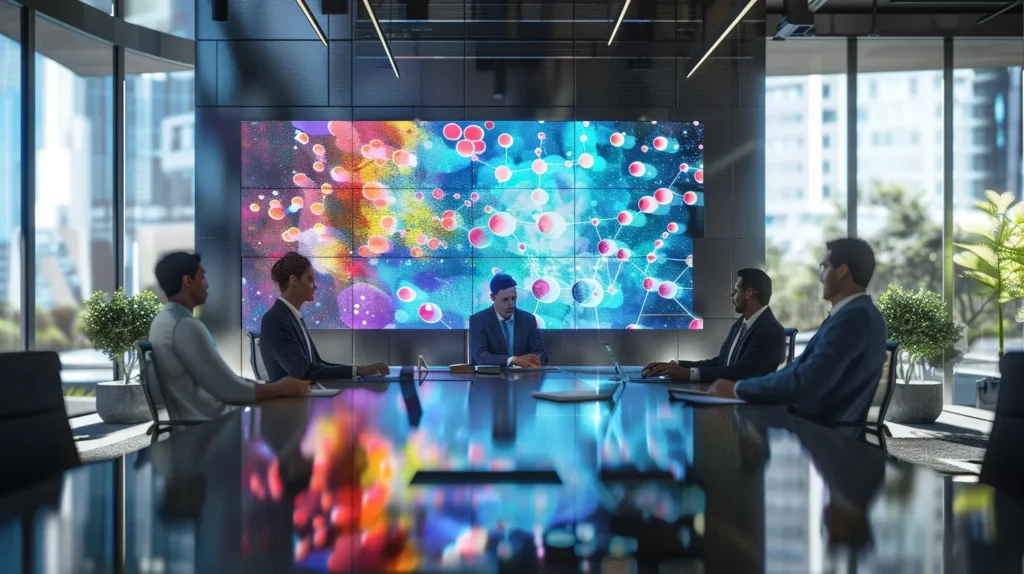 a sleek, modern office space features a large digital display showcasing molecular structures of delta 8 and delta 10 thc, with vibrant colors and sharp contrasts emphasizing their chemical differences, while a group of professionals engages in focused discussion around a polished conference table.