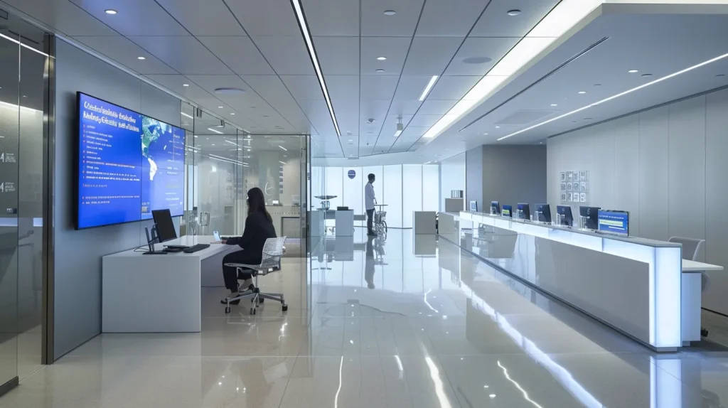 a sleek, modern office space featuring a worried individual seated at a desk surrounded by medical brochures and digital screens displaying information on delta 10 thc side effects, illuminated by focused led lighting to emphasize the tense atmosphere.