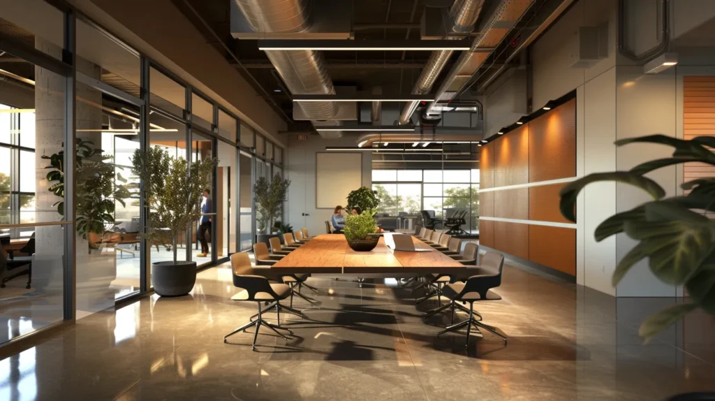a sleek, modern office space is filled with focused individuals engaging in discussions around a polished conference table, illuminated by warm ambient lighting, symbolizing strategic discussions on health and safety protocols for delta 10 consumption.