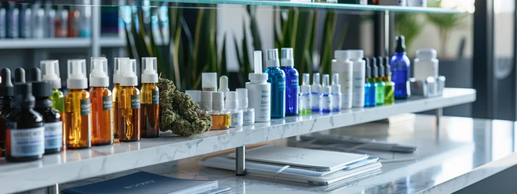 a sleek, modern office space showcases an array of hhc products—including vibrant edibles, elegant tinctures, and stylish vape pens—arranged neatly on a minimalist desk, emphasizing the variety of consumption methods for discerning users.