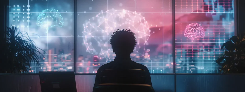 a sleek, modern office space with minimalist design features a thoughtful individual seated at a contemporary desk, surrounded by ethereal holographic visuals of brainwaves and sensory graphs, illustrating the psychoactive effects and emotional shifts experienced after using hhc products.