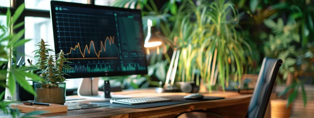 a sleek, modern office workspace features a stylish desk with a backdrop of informative charts and graphs about cannabinoids, highlighting the scientific exploration of hhc's effects in a professional setting.