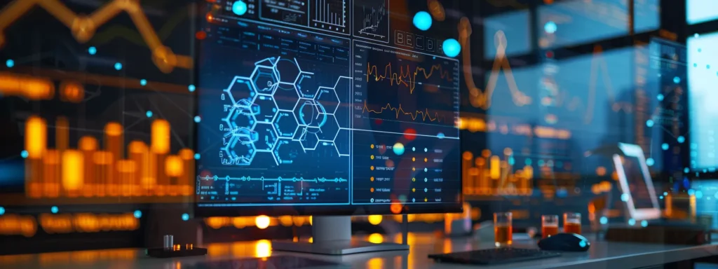 a sleek, modern office workspace features a magnified split-screen display comparing two complex chemical structures, hhc and delta-8 thc, against a backdrop of engaging law and regulation charts, illuminated by focused overhead lighting.