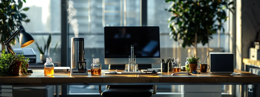 a sleek, modern urban office space features a polished wooden desk adorned with a high-tech vaporizer and stylish glass jars, emphasizing a sophisticated and responsible approach to hhc consumption.