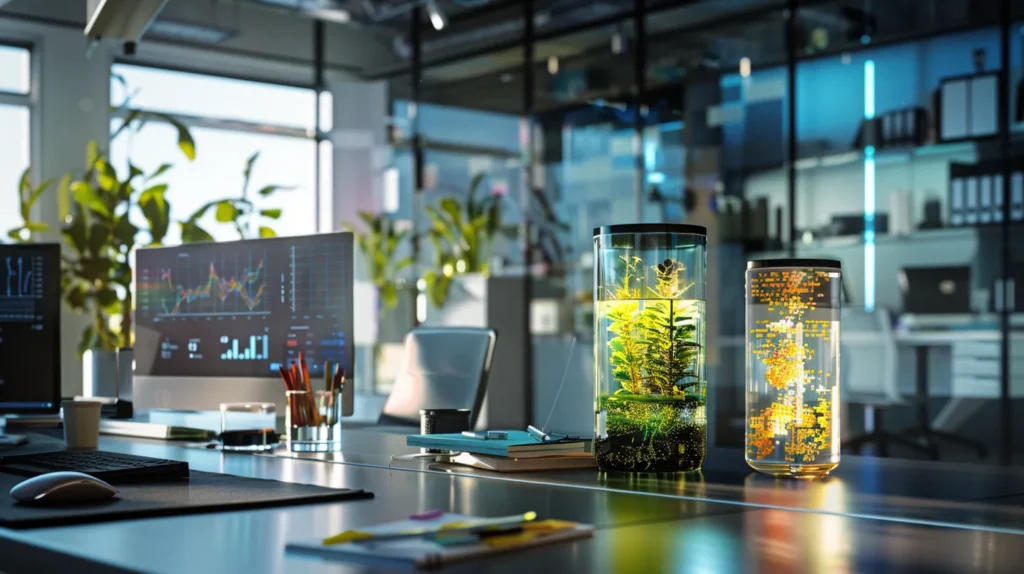 a vibrant, modern office setting showcases a sleek workspace with two distinct glass jars, one filled with crystalline delta 10 and the other with earthy delta 8, each accompanied by colorful visual infographics illustrating their unique effects and user experiences.